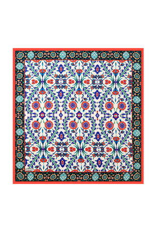 Red Navy Blue Selcuk Pattern Silk Square Scarf 