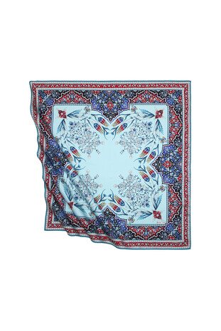 Red Oil Turkish Motif Candlestick Tulip Pattern Silky Square Scarf - Thumbnail