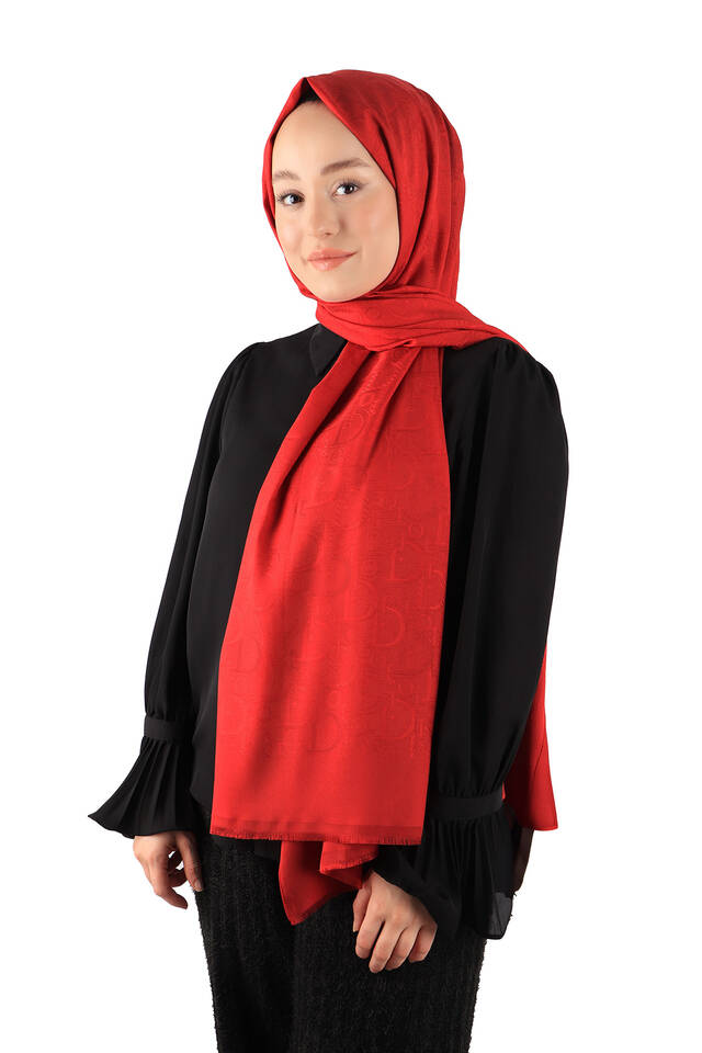 Red Patterned Silky Scarf - 2