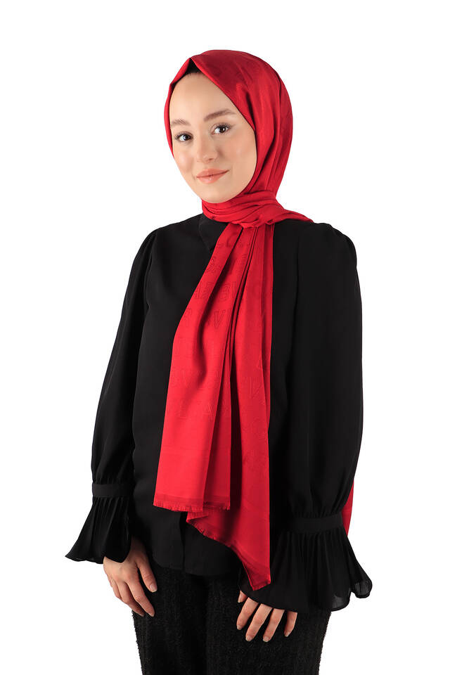 Red Patterned Silky Scarf - 2