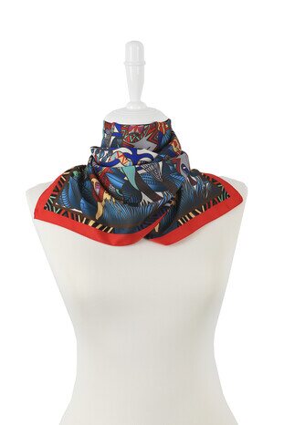 Red Petrol Blue Patterned Silky Foulard - Thumbnail
