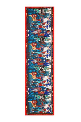 Red Petrol Blue Patterned Silky Foulard - Thumbnail
