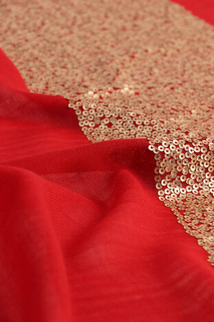 Red Sequin Bordered Wool Shawl - Thumbnail