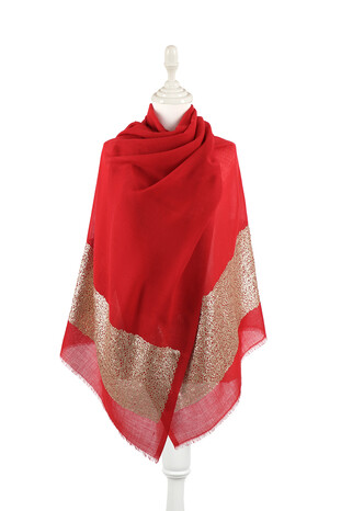 Red Sequin Bordered Wool Shawl - Thumbnail