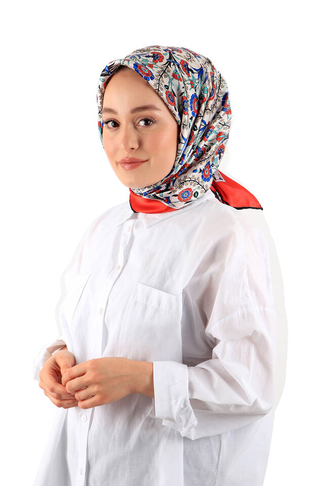 Red Side Pattern Silk Square Scarf - 2