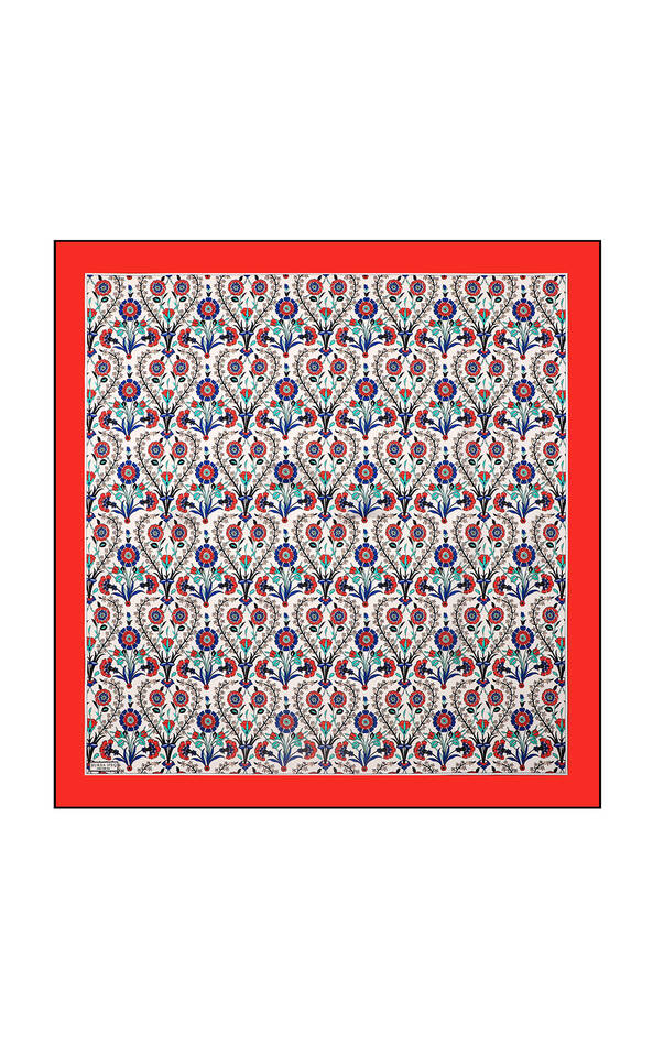 Red Side Pattern Silk Square Scarf 