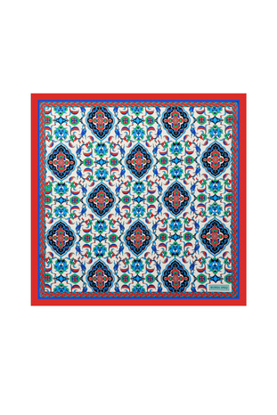 Red Tile Pattern Silky Pocket Square - Thumbnail
