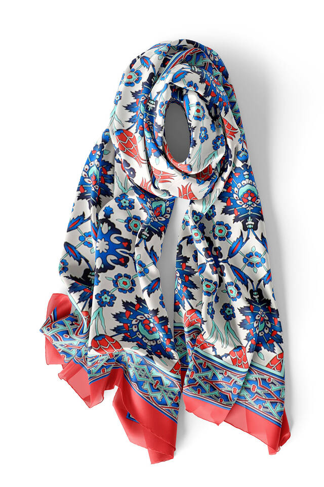 Red Tile Tulip Pattern Narrow Silk Foulard - 3