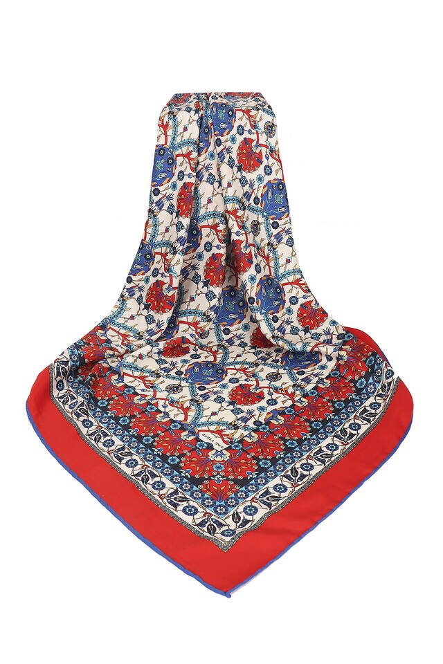 Red Tile Tulip Pattern Silky Square Scarf - 3
