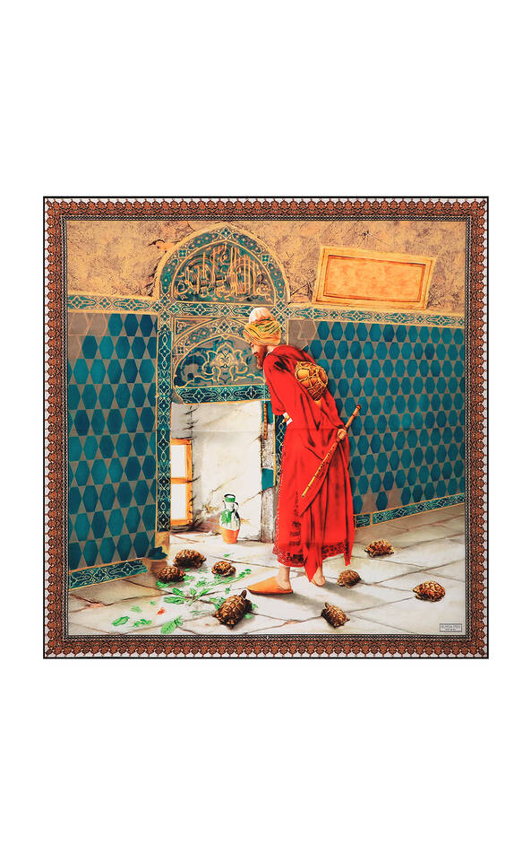 Red Tortoise Tamer Sura Silk Square Scarf - Bursa İpek