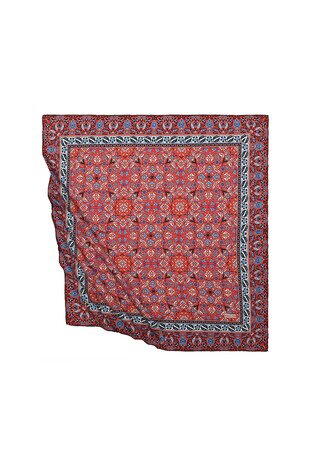 Red Turkish Patterned Tile Pattern Silk Square Scarf - Thumbnail