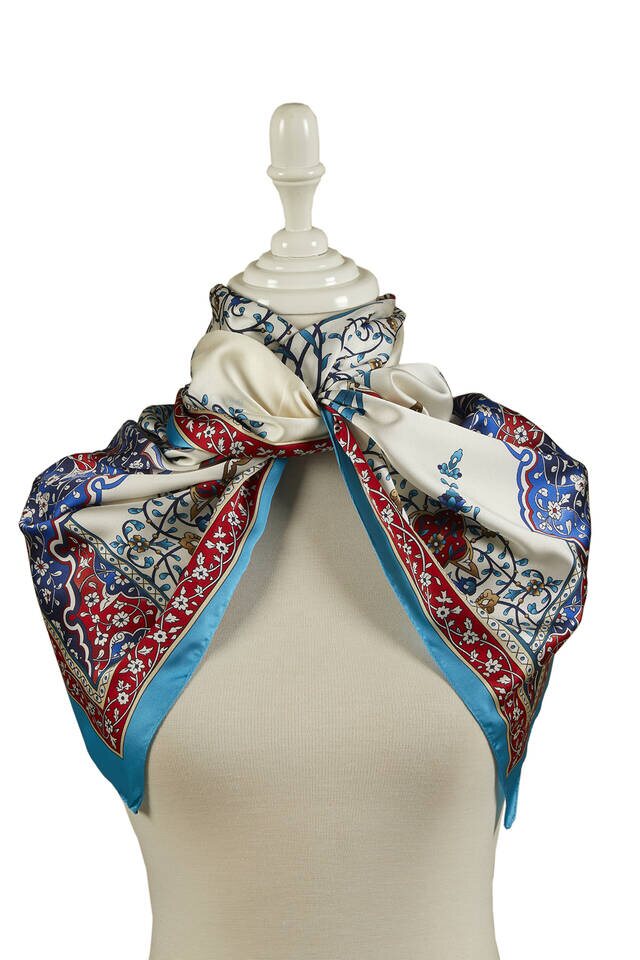 Red Turquoise Candlestick Pattern Wide Silky Foulard - 2