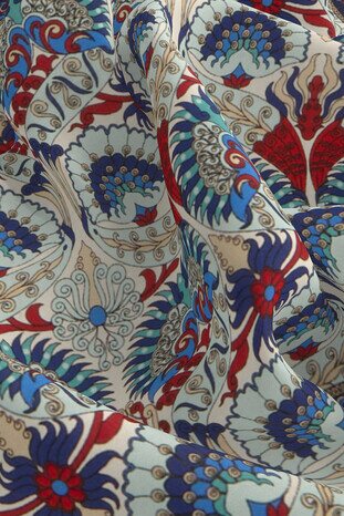 Red Turquoise Peacock Pattern Silk Pocket Square - Thumbnail