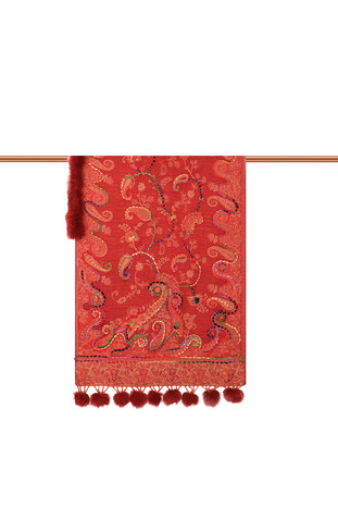 Red Washed Wool & Fur Pompom Shawl - Thumbnail