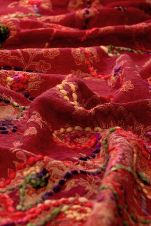 Red Washed Wool & Fur Pompom Shawl - Thumbnail