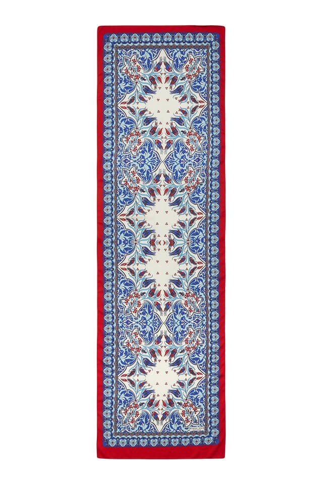 Saks Kırmızı Çini Lale Desen Dar İpeksi Fular - 4