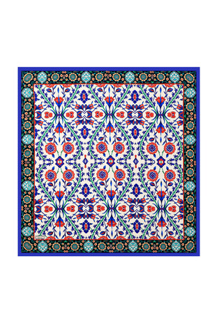 Saks Navy Blue Seljuk Pattern Silk Square Scarf - Thumbnail