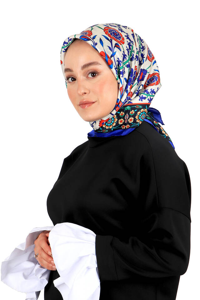 Saks Navy Blue Seljuk Pattern Silk Square Scarf - 2