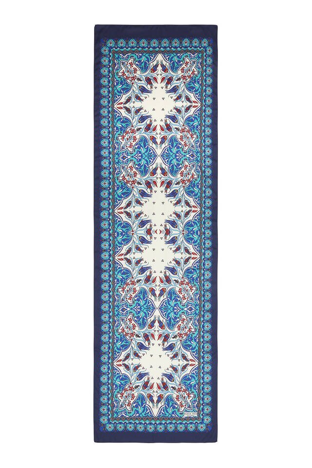 Saks Navy Blue Tile Tulip Pattern Narrow Silky Foulard - 4