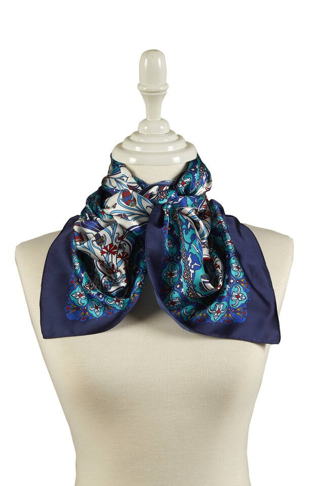 Saks Navy Blue Tile Tulip Pattern Narrow Silky Foulard - 2