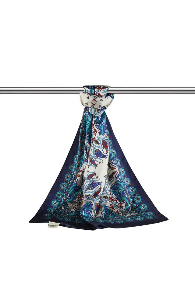 Saks Navy Blue Tile Tulip Pattern Narrow Silky Foulard - 3