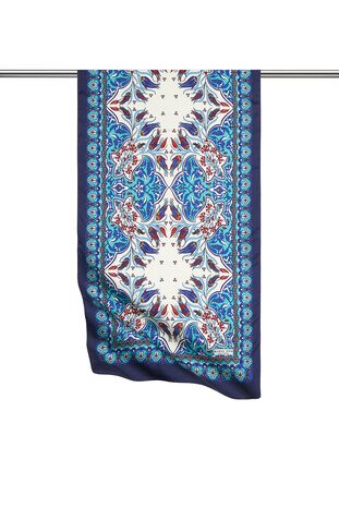 Saks Navy Blue Tile Tulip Pattern Narrow Silky Foulard 