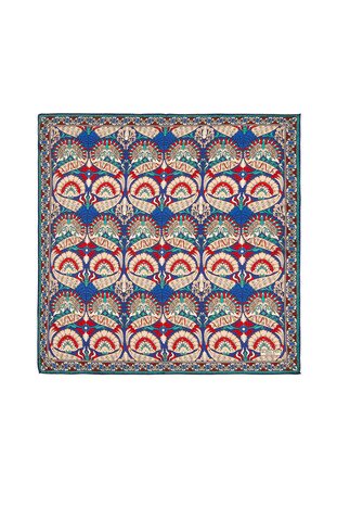 Saks Red Peacock Pattern Silk Pocket Square - Thumbnail