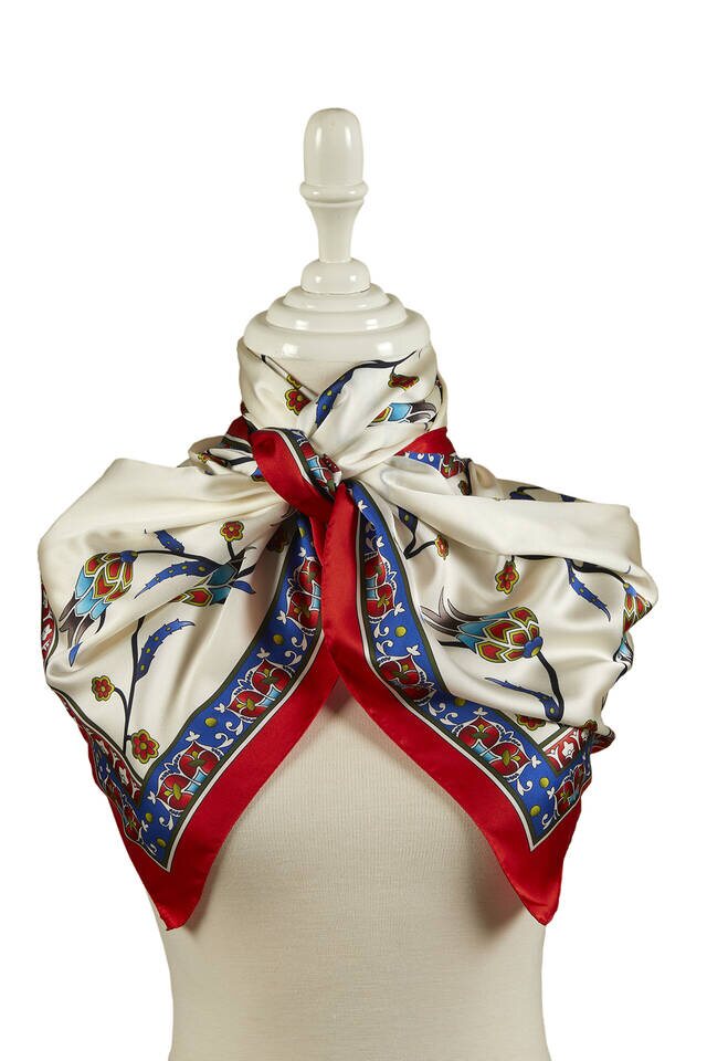 Saks Red Row Tulip Pattern Wide Silky Foulard - 2