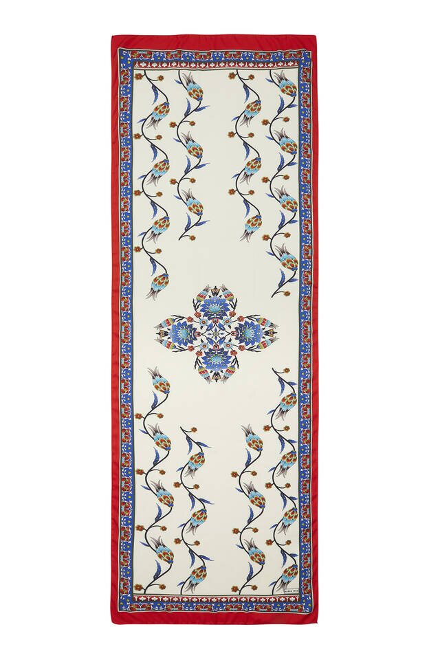 Saks Red Row Tulip Pattern Wide Silky Foulard - 4