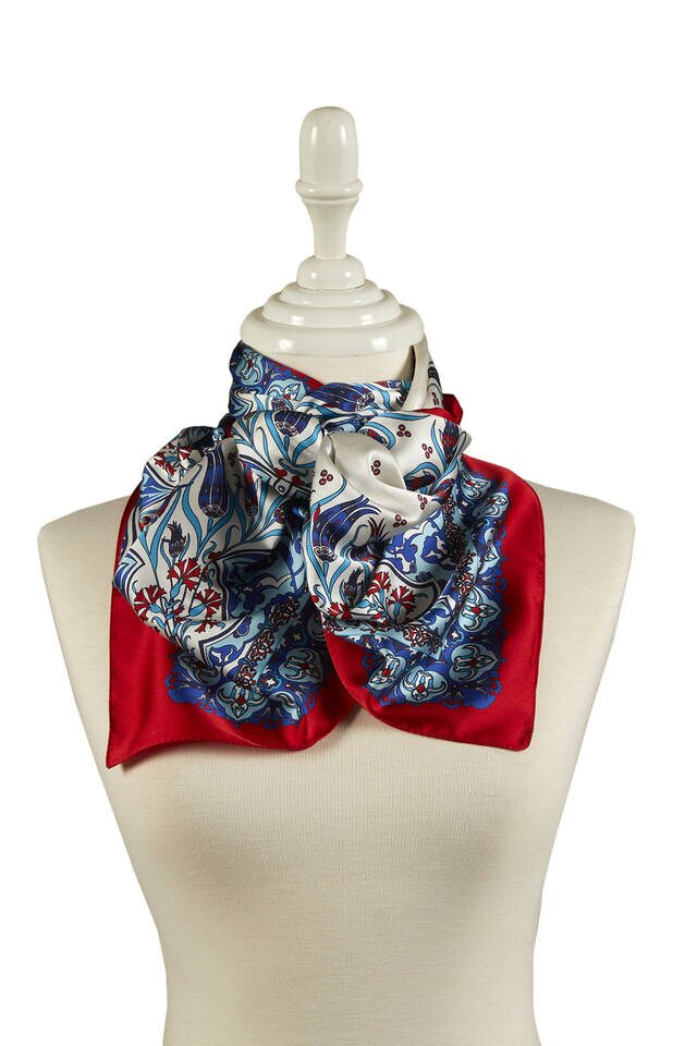 Saks Red Tile Tulip Pattern Narrow Silky Foulard - 2