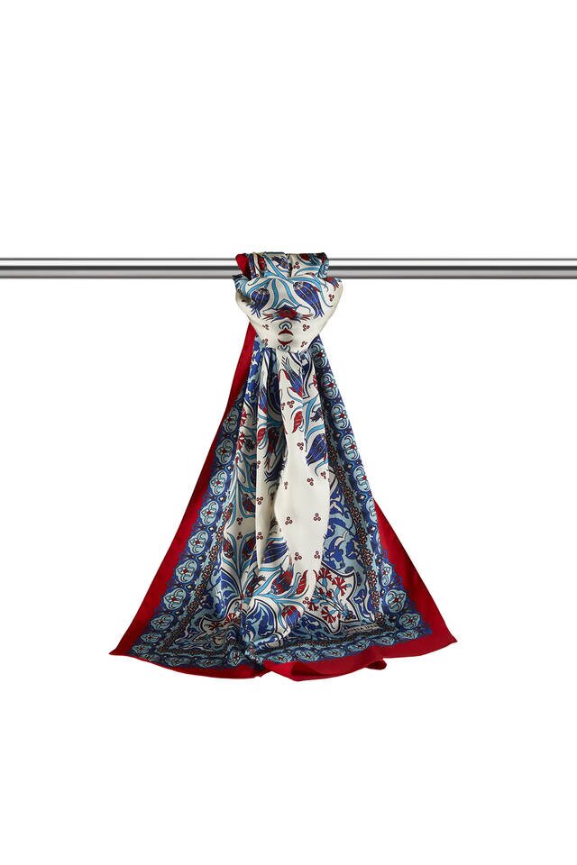 Saks Red Tile Tulip Pattern Narrow Silky Foulard - 3