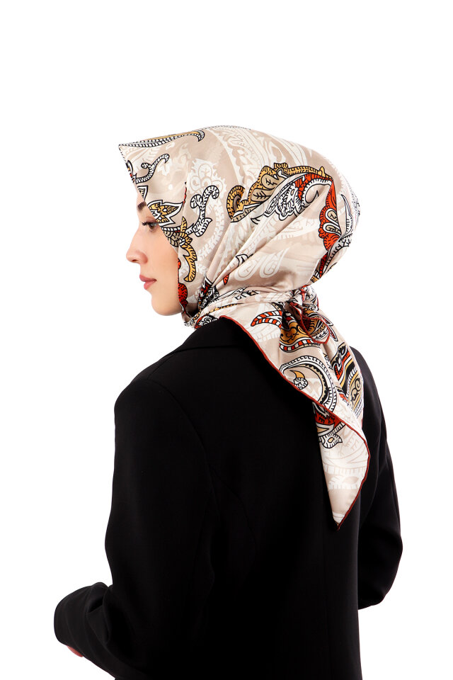 Sütlü Kahve Şal Desen Twill İpek Eşarp - Bursa İpek