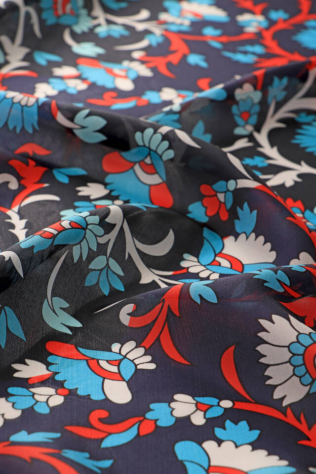 Lacivert Şal Desen Vual İpek Eşarp - 3