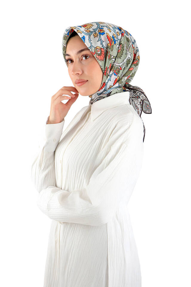 Yeşil Şal Desen Vual İpek Eşarp - 2