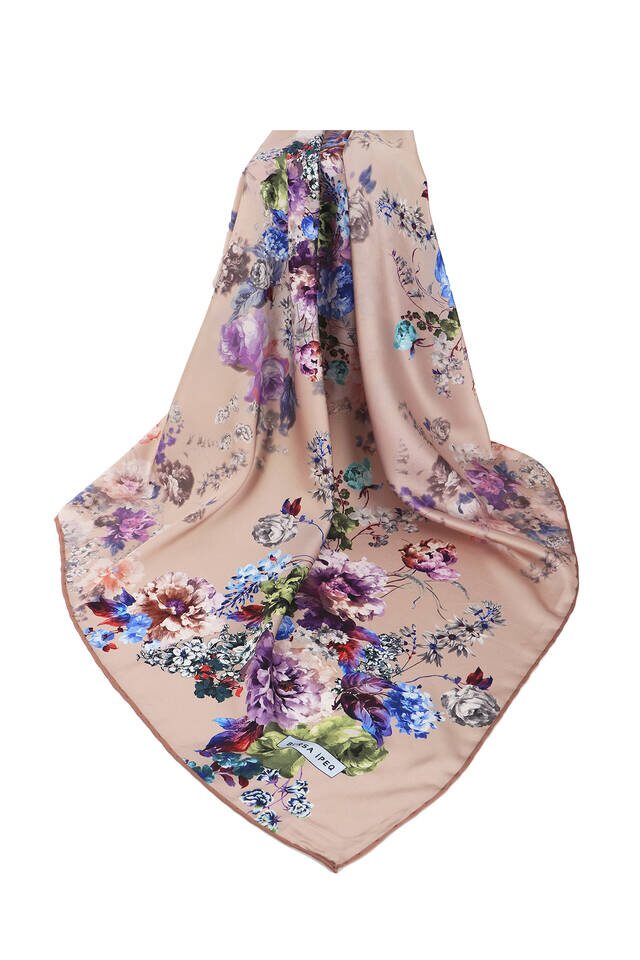 Salmon Begonia Pattern Silky Square Scarf - 3