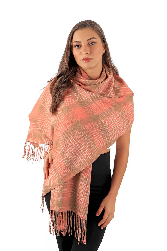 Salmon Milk Coffee Patterned Winter Shawl - 2