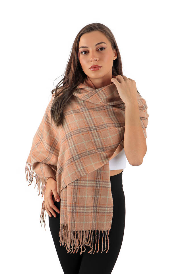 Salmon Mint Patterned Winter Shawl - 2