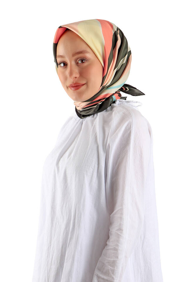 Salmon Wave Pattern Twill Silk Square Scarf - 2