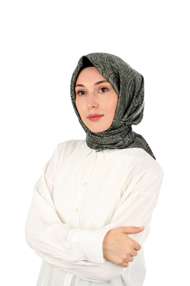 Haki Sanat Desen Twill İpek Eşarp - Bursa İpek