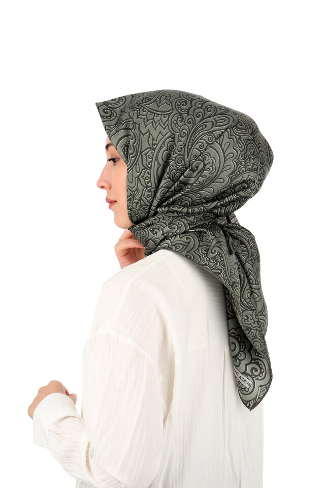 Haki Sanat Desen Twill İpek Eşarp - 2