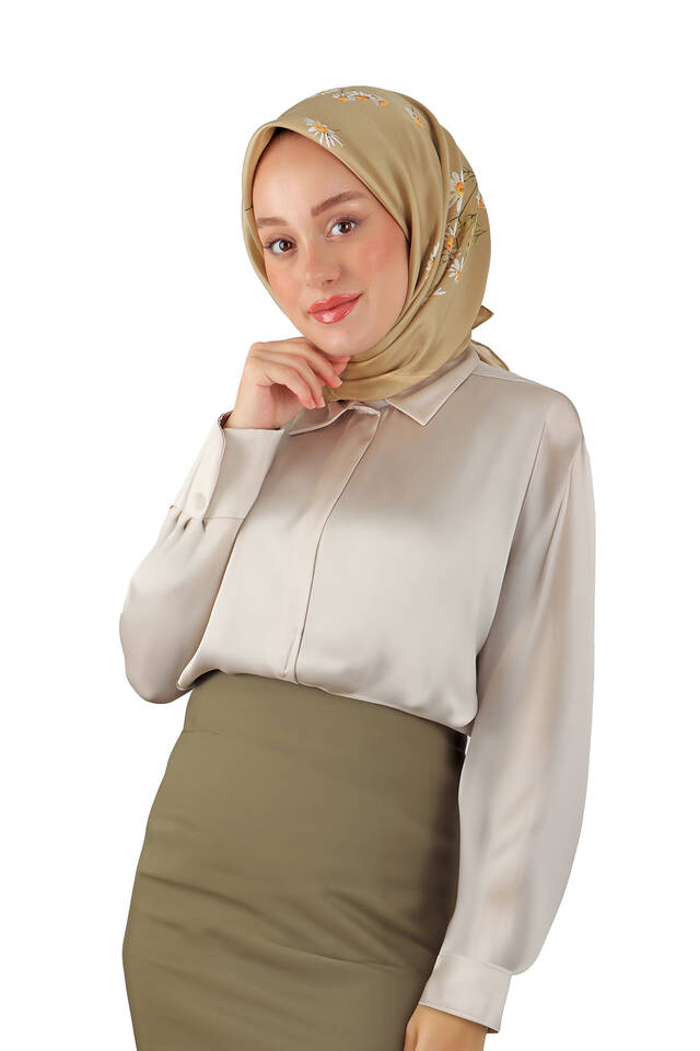 Sand Daisy Pattern Twill Silk Square Scarf - 2