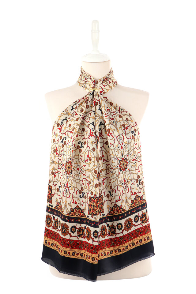 Bej Sarmaşık Desen Dar İpek Fular - 2