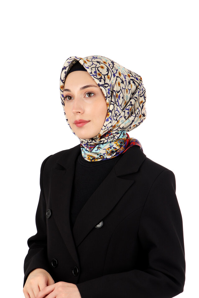 Lacivert Sarmaşık Desen Sura İpek Eşarp - Bursa İpek