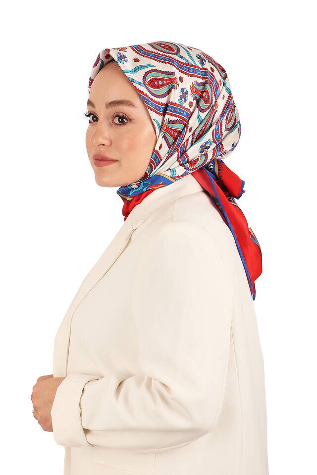 Kırmızı Sarmaşık Lale Desen İpeksi Eşarp - 2