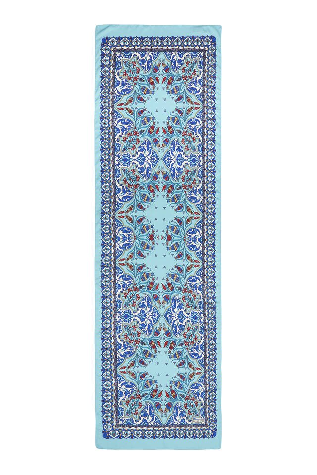 Sax Blue Tile Tulip Pattern Narrow Silky Foulard - 4