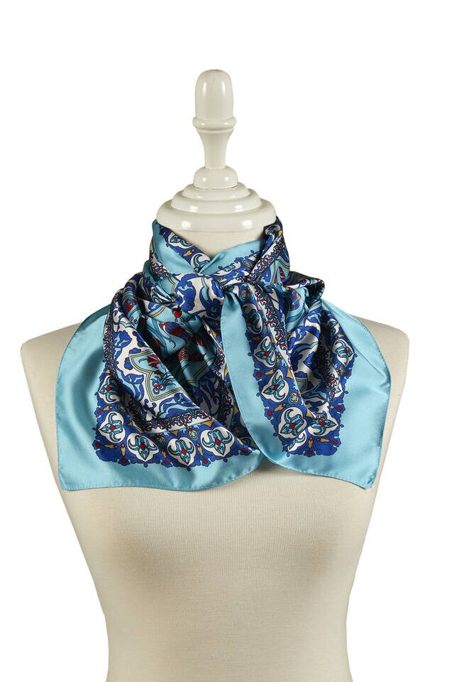 Sax Blue Tile Tulip Pattern Narrow Silky Foulard - 2
