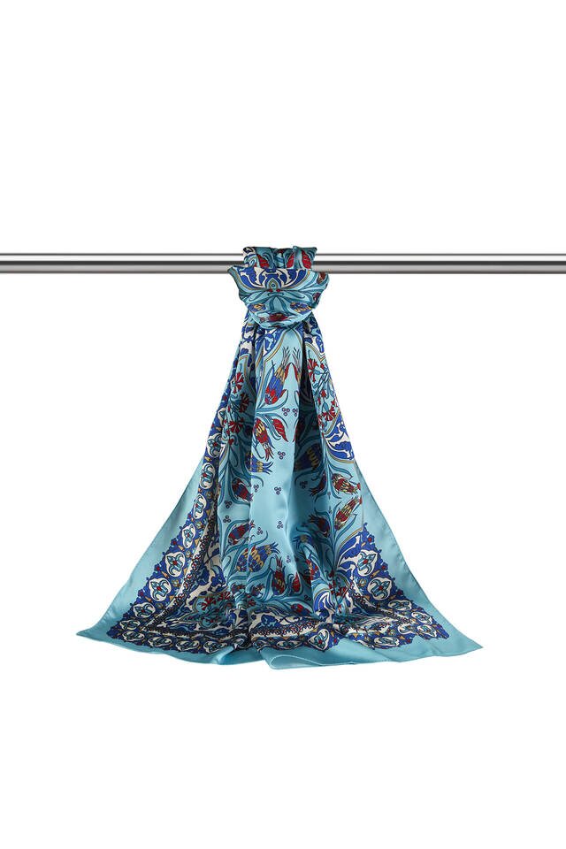 Sax Blue Tile Tulip Pattern Narrow Silky Foulard - 3