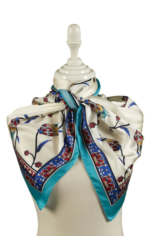 Sax Green Row Tulip Pattern Wide Silky Foulard - 2