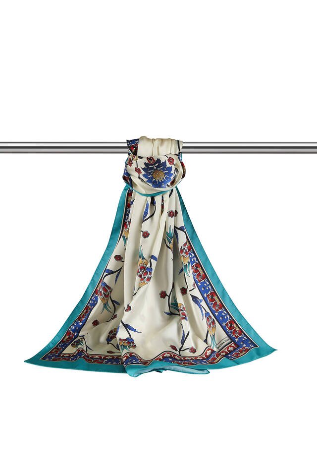 Sax Green Row Tulip Pattern Wide Silky Foulard - 3