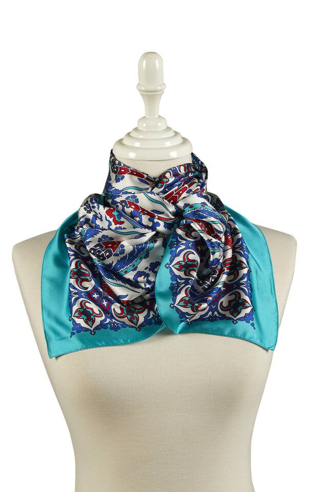 Sax Navy Blue Carnation Pattern Narrow Silky Foulard - 2